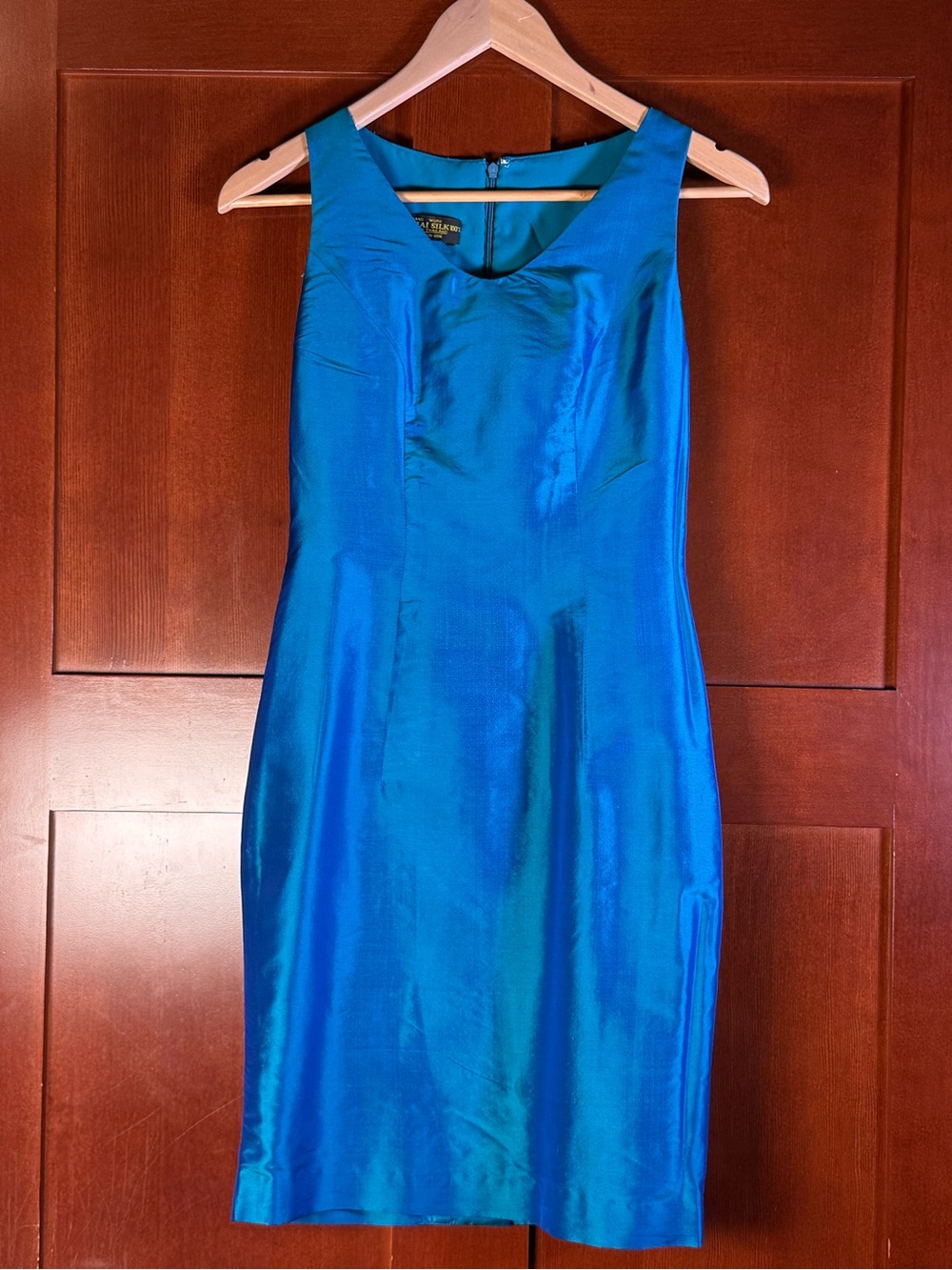 Vintage Thai Silk 100% Teal Sheath Dress Size Small